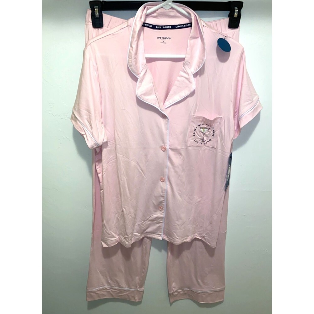 Life Is Good Pajama Set Womens L Pink Button-up Short Sleeve Cozy NWT Party